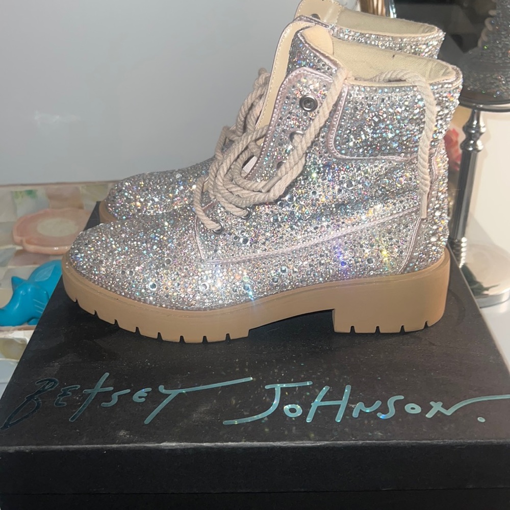 Never worn Betsey Johnson rhinestone combat boots